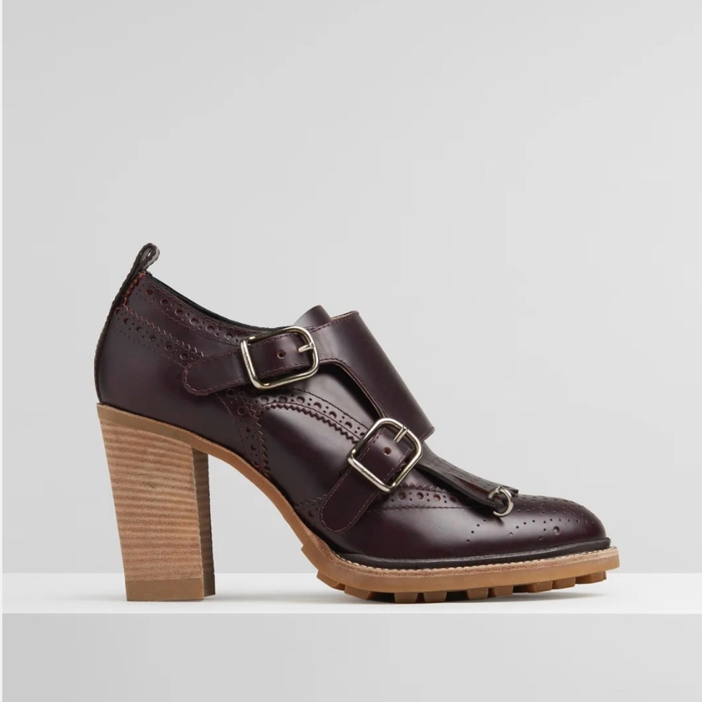 Chloe Franne Burgundy Monk Strap Heeled Brogue Loafer  - Sz 39/8